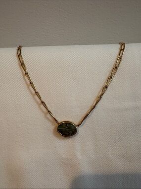 Gold Link Necklace with Dark Green Oval Stone Pendant